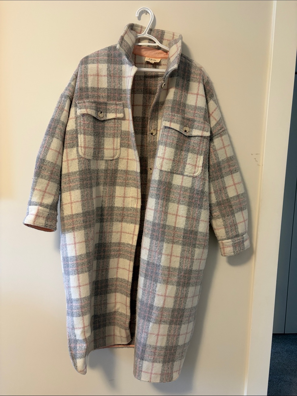 Plaid Long Wool-Blend Shacket Coat in Gray, Pink & Cream